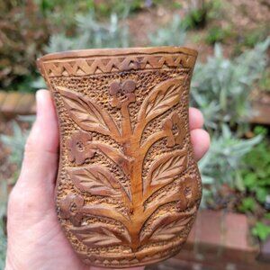 Hand-Carved Tree of Life Vase Yugoslavian Folk Art Wooden Vase  4 Inches Tall